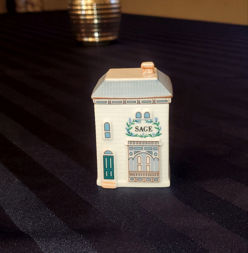 1989 Lenox Sage House Ceramic Container, Cream and Green- Spice Village House